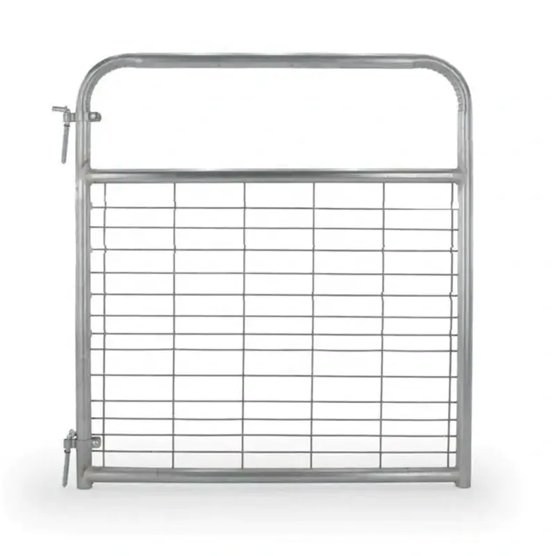 Product image of a galvanised farm access gate with mesh lower panel