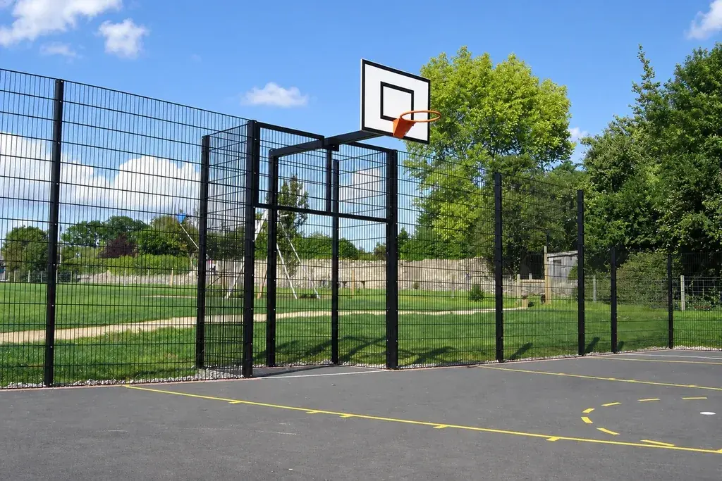 Recessed goal opening and basketball hoop built into a sports court boundary.