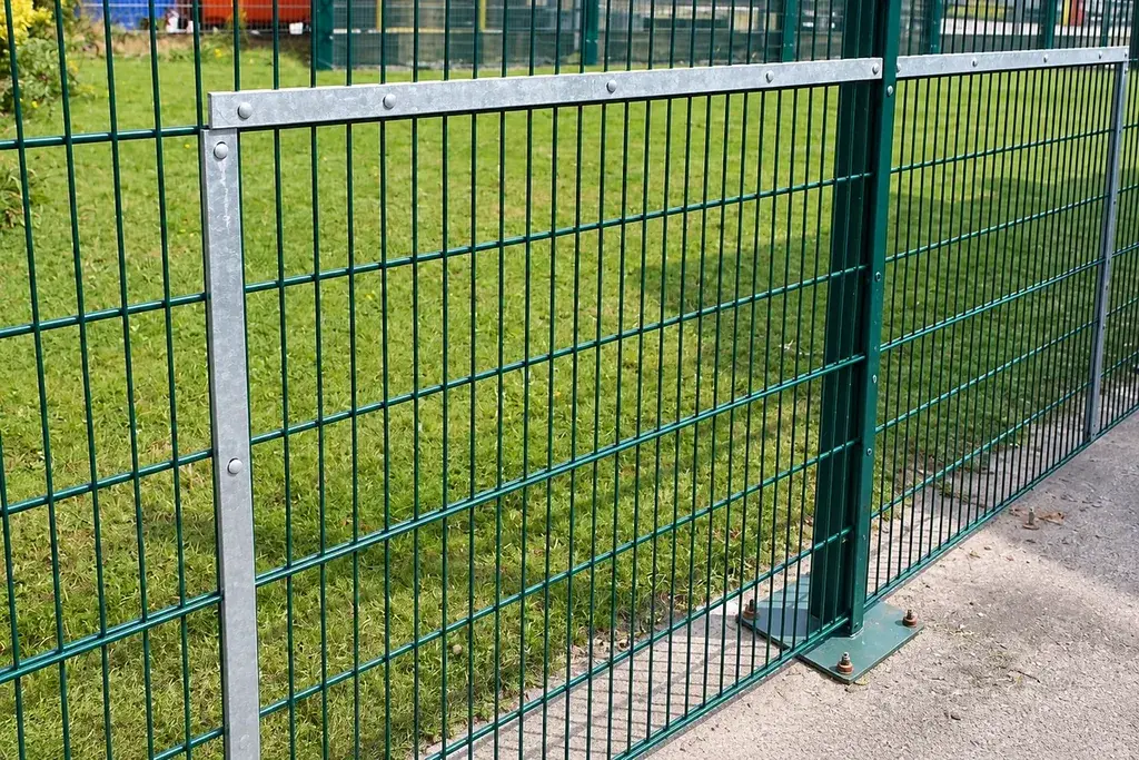 Galvanized metal goal frame fixed within a green mesh sports fence.