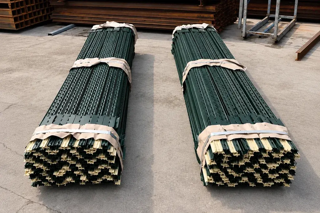 Two strapped bundles of green steel fence posts arranged on a paved yard