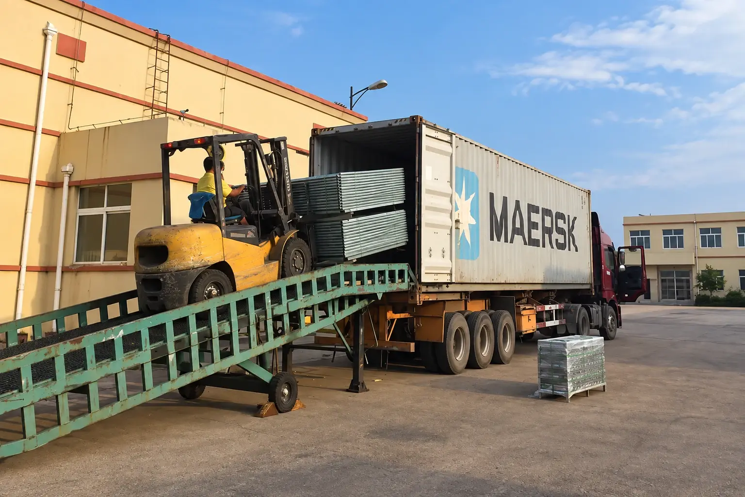 Wrapped fence panels being moved by forklift toward a shipping container