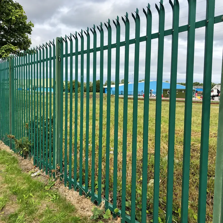 Green steel palisade fence with pointed pale tops
