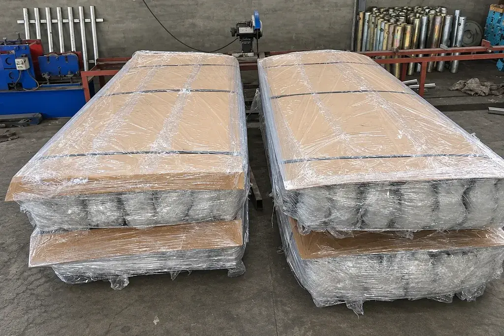 Two wrapped packs of palisade components in a workshop