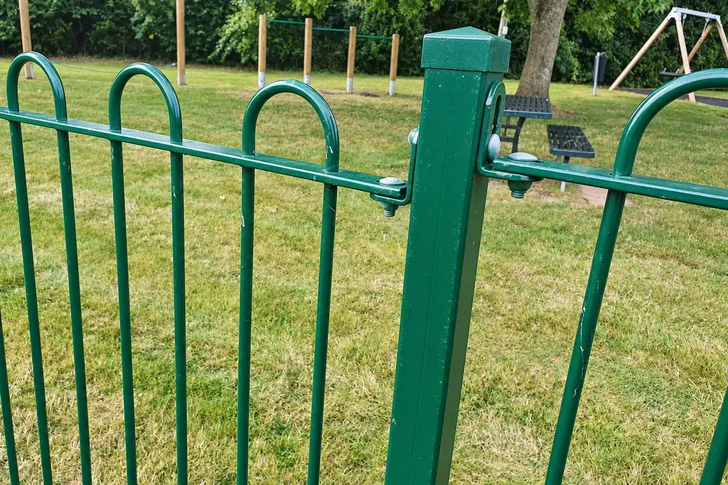 Close view of green bow top bars joined to a railing post.