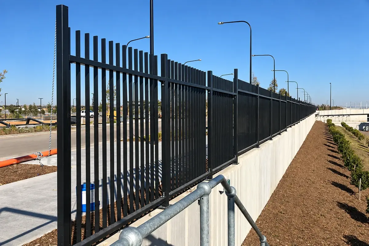 Tall fixed metal fence beside a paved industrial road.