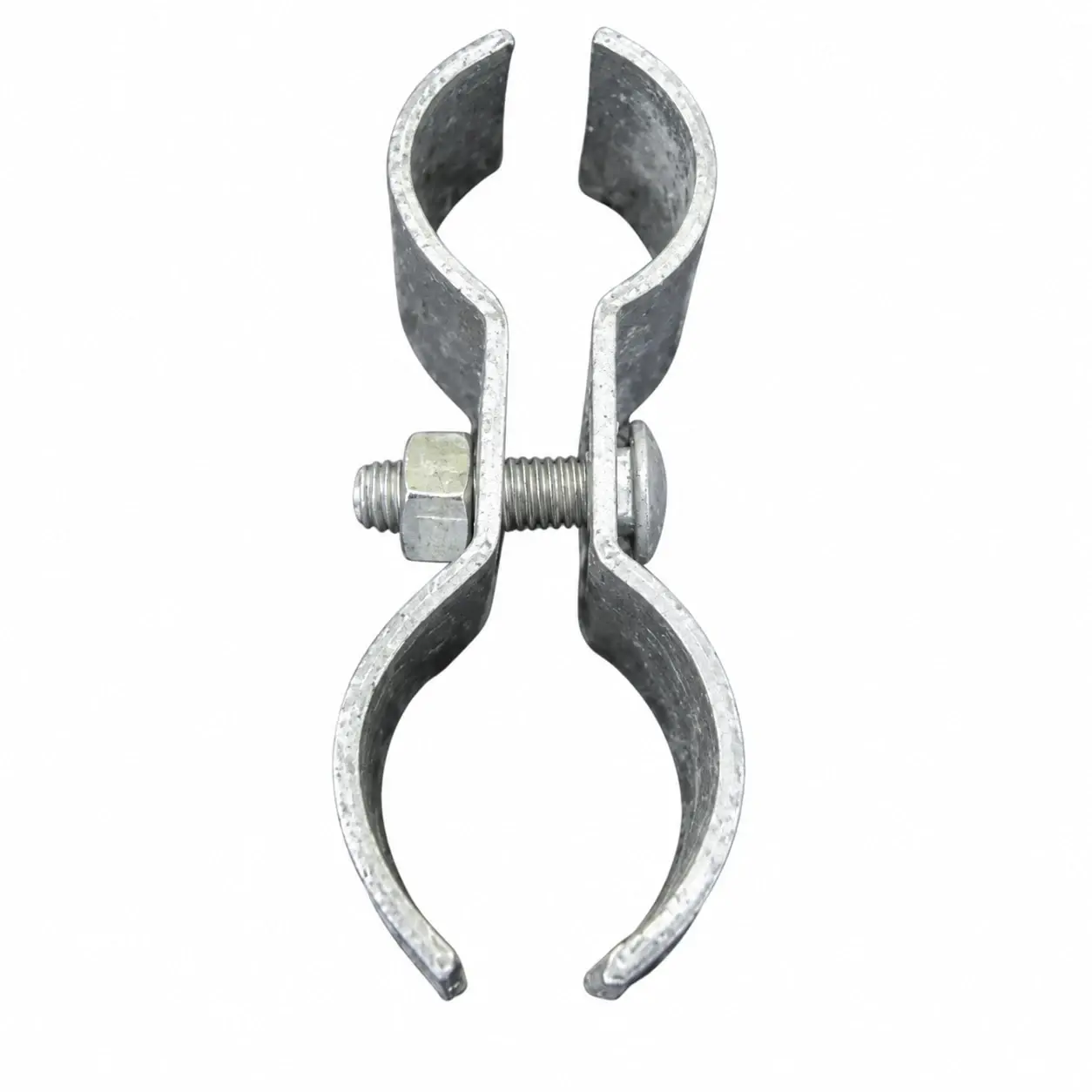 Galvanised two-piece fence clamp with a connecting bolt and nut
