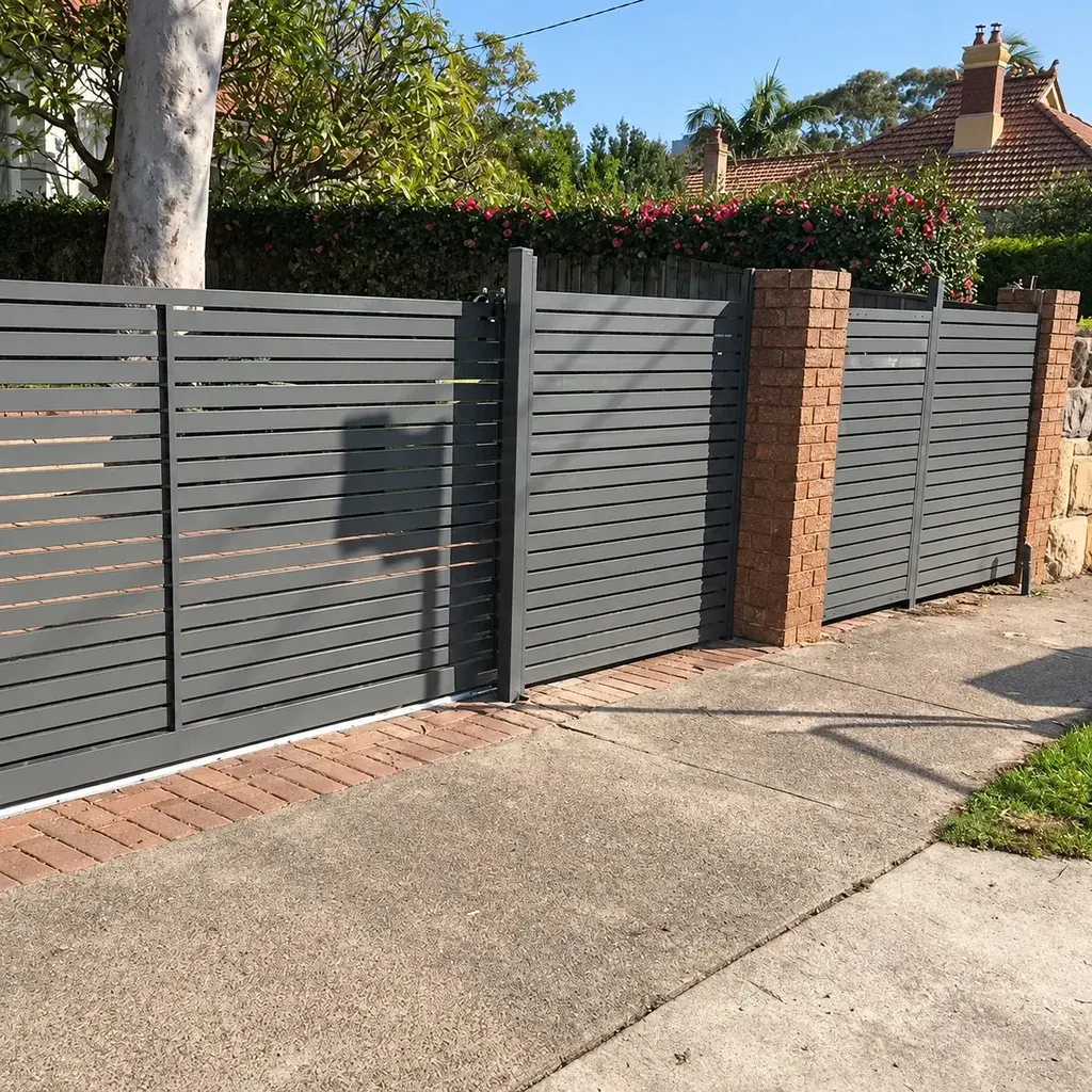 Grey horizontal slat fence between brick pillars beside a pavement