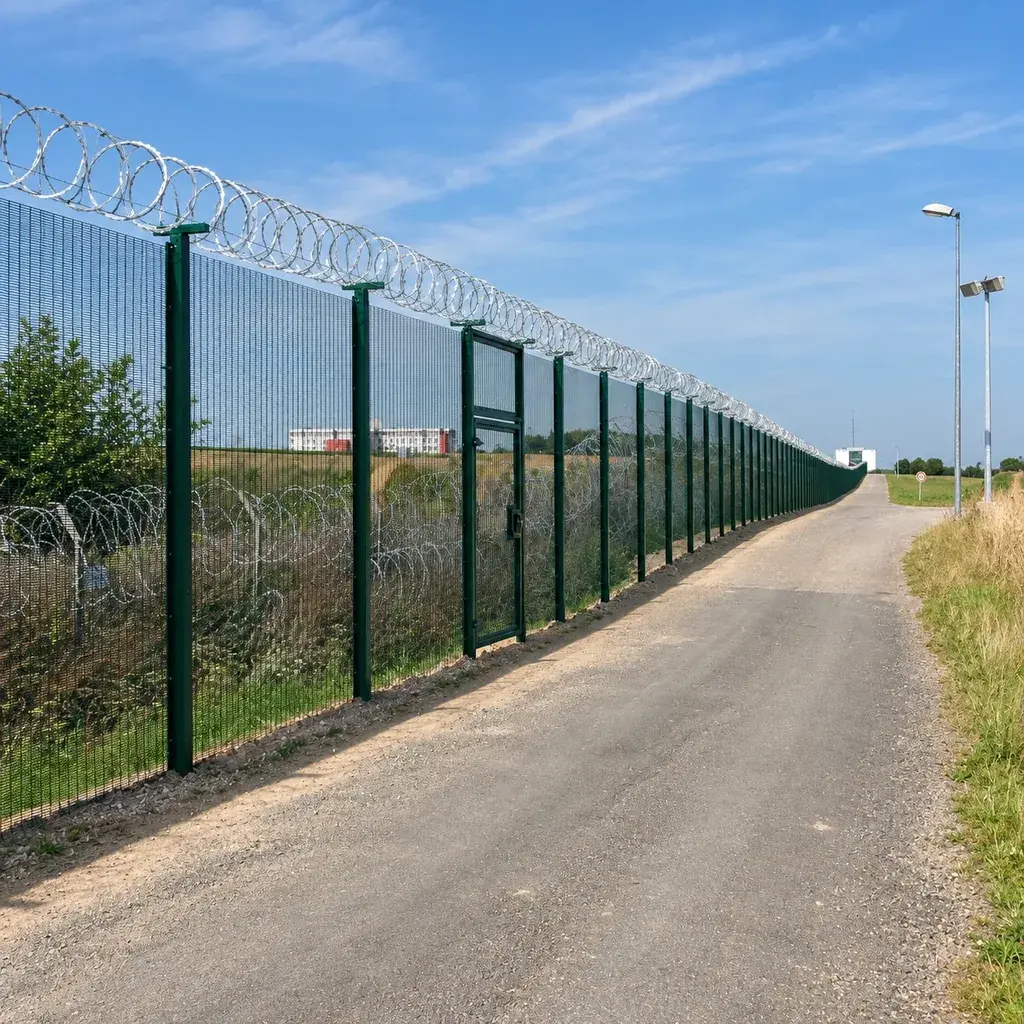 Green close-spaced security mesh panels beside a perimeter road