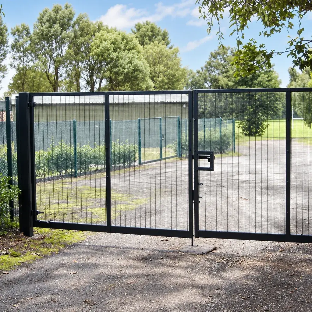 Double-leaf security mesh vehicle gate across a driveway