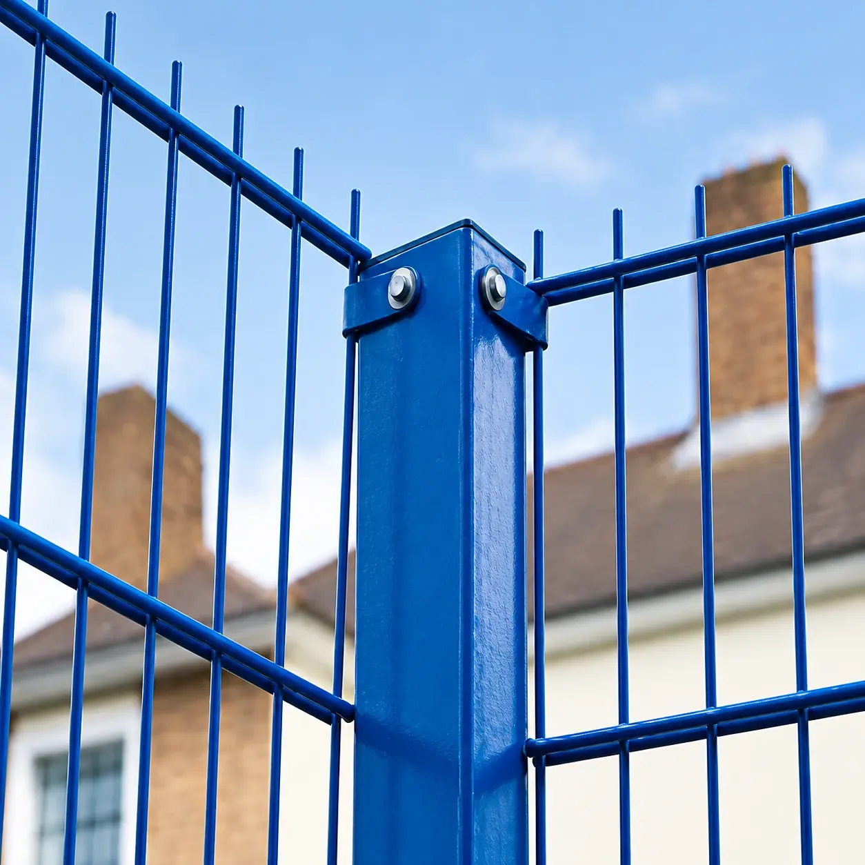 Blue twin-wire fence panel and post connection