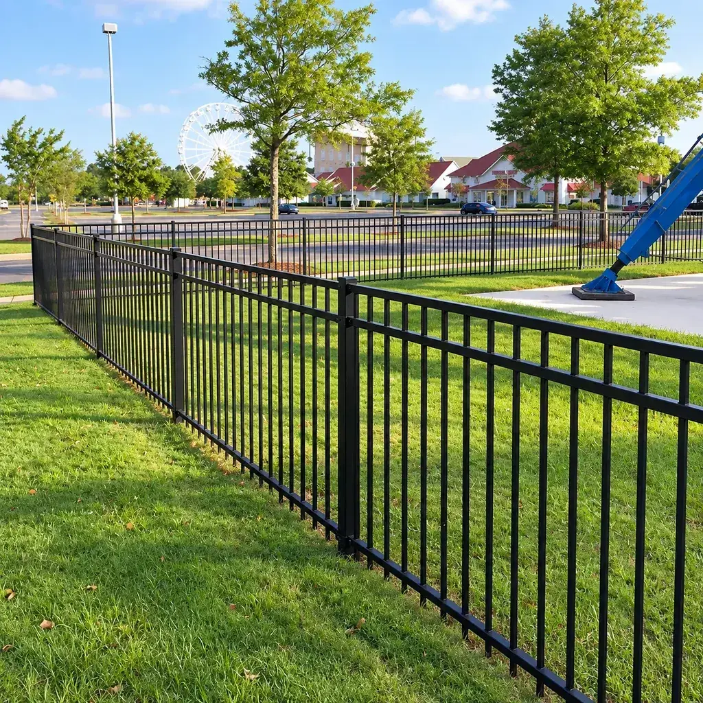 Black aluminium picket fencing beside a recreation area