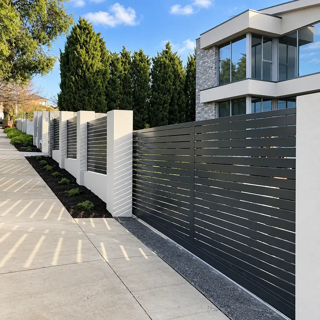 Dark horizontal aluminium slat fencing beside a paved driveway