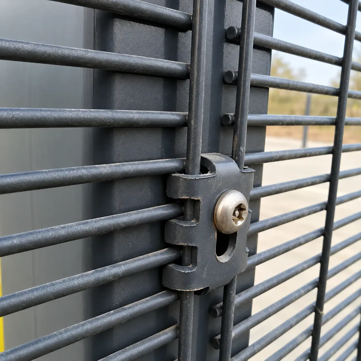 Security fixing securing a welded mesh panel to a post