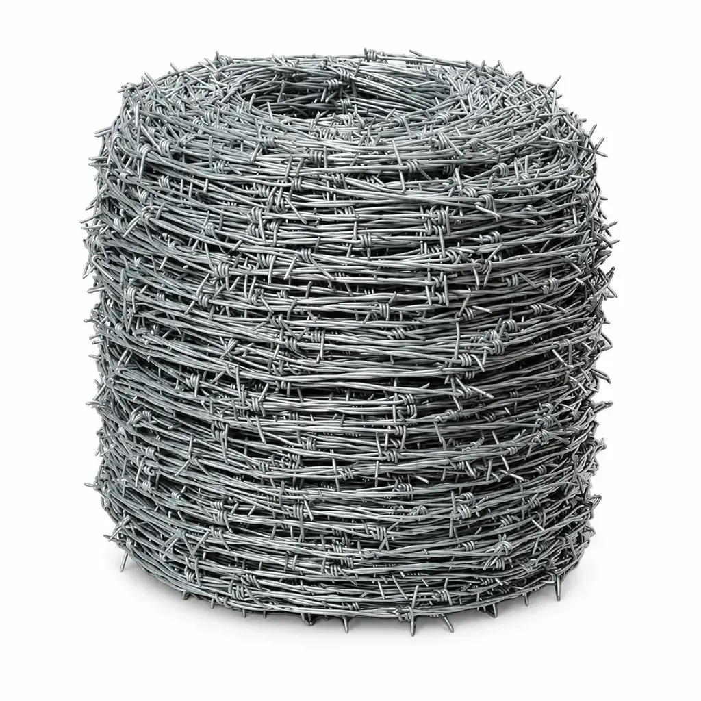 Compact coil of galvanised barbed wire with visible barbs