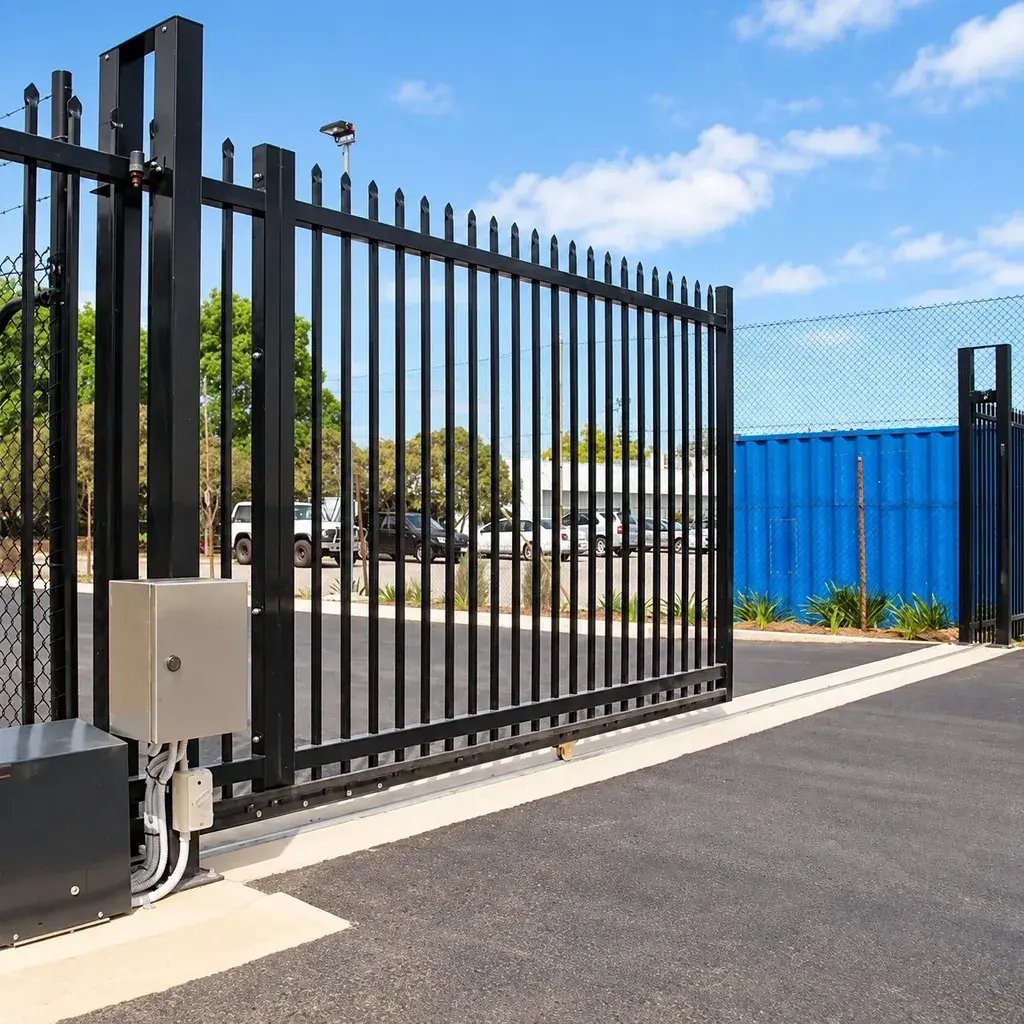 Black cantilever sliding gate with a raised bottom rail