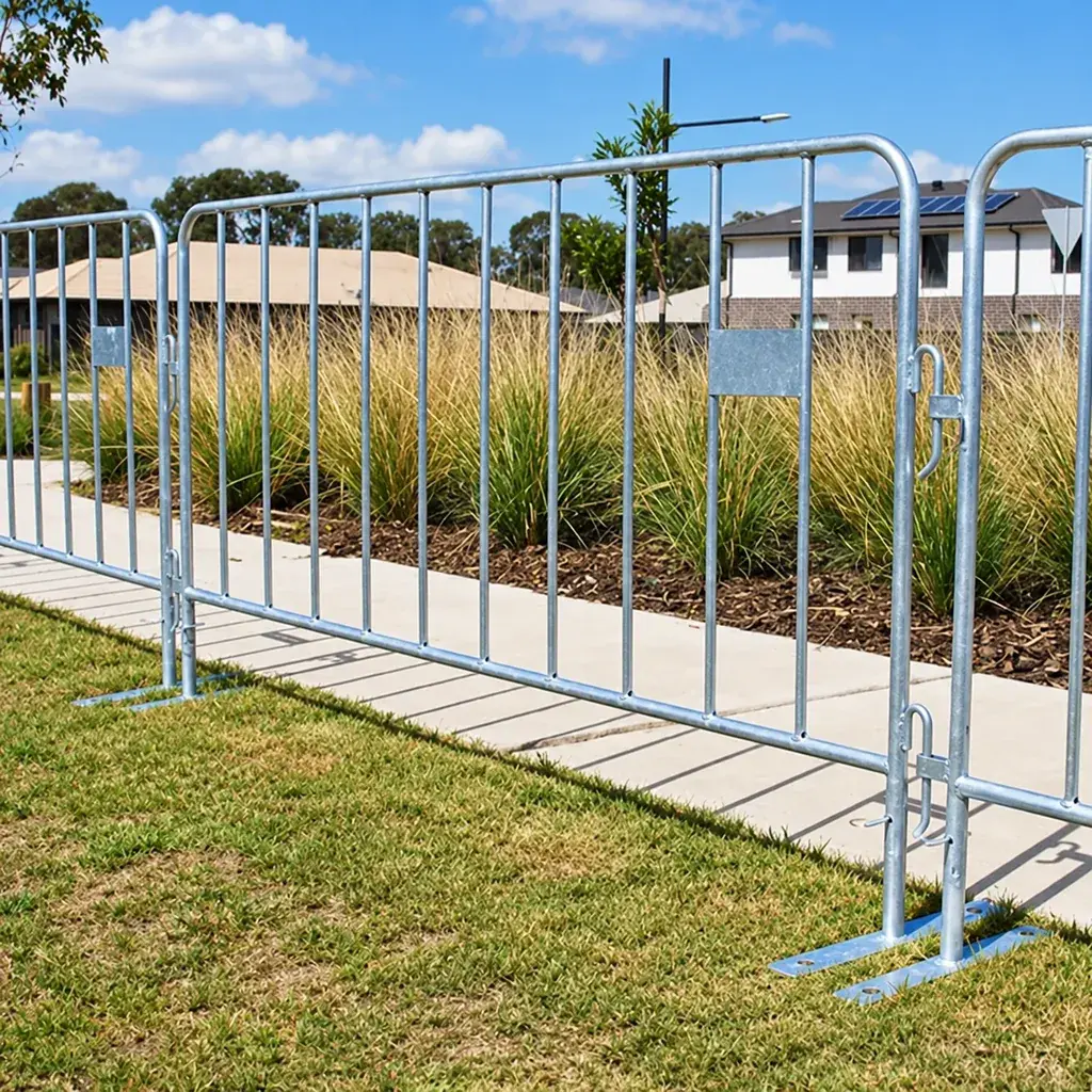 Steel crowd-control barriers beside a grass field