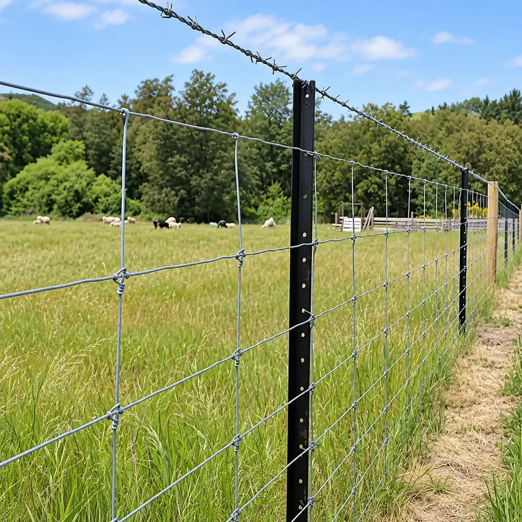 Black steel farm post supporting barbed wire in a field