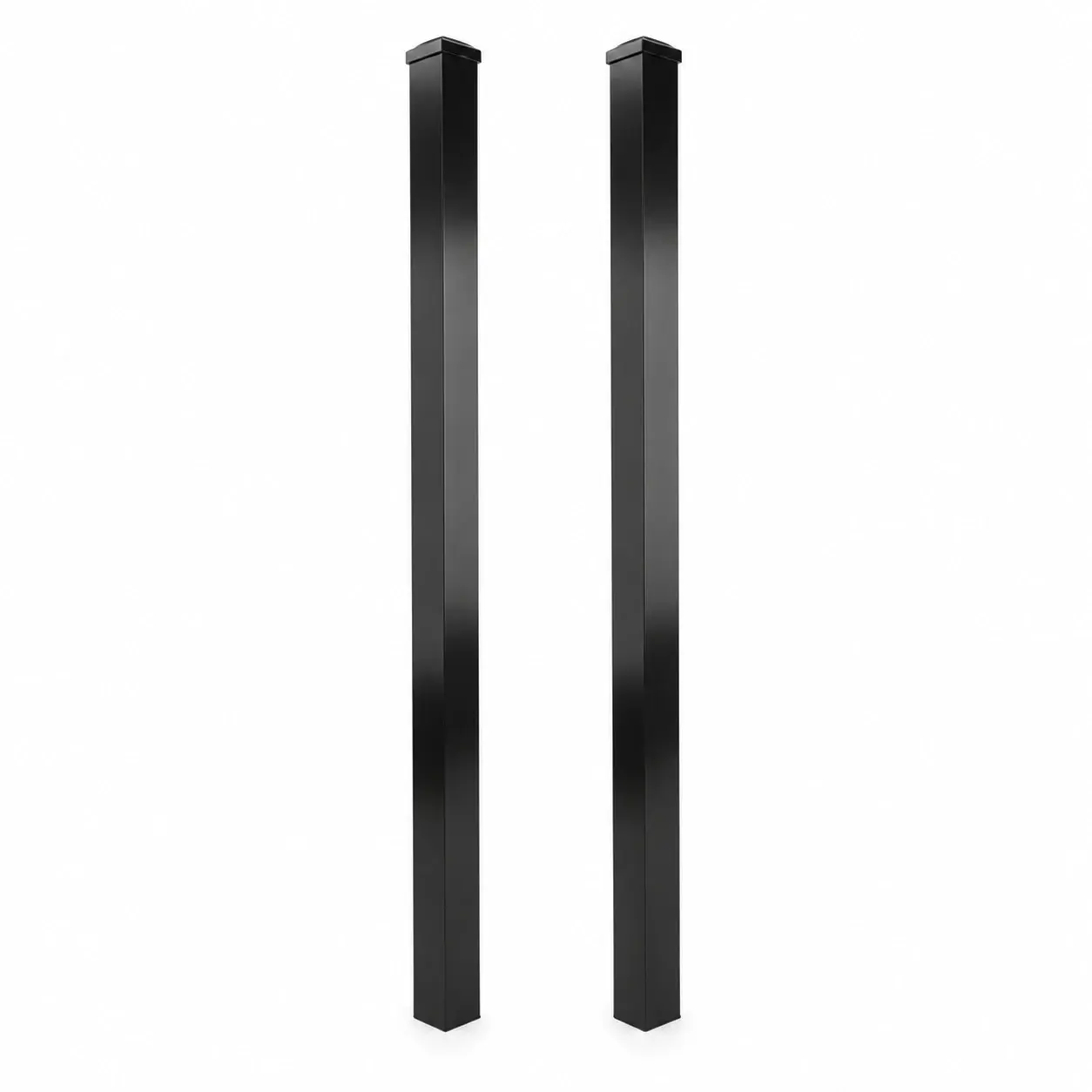 Two black square steel fence posts on a white background