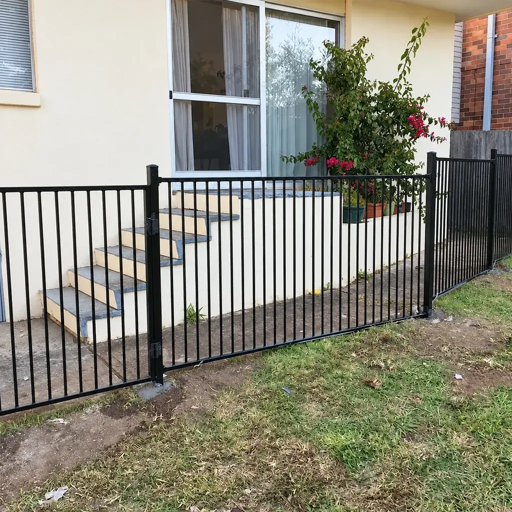 Black flat-top steel railings beside residential steps