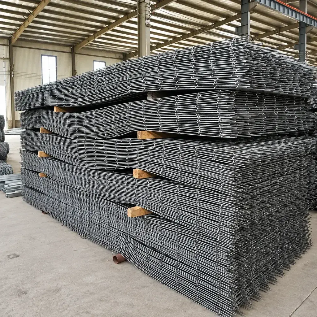 Stacks of flat welded wire mesh panels in a warehouse