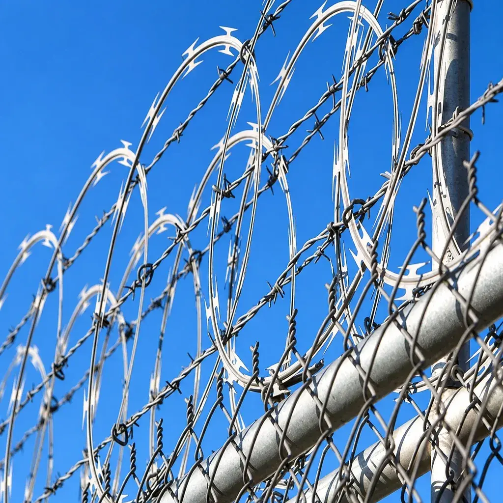 Flat loops of razor wire mounted above a chain-link fence