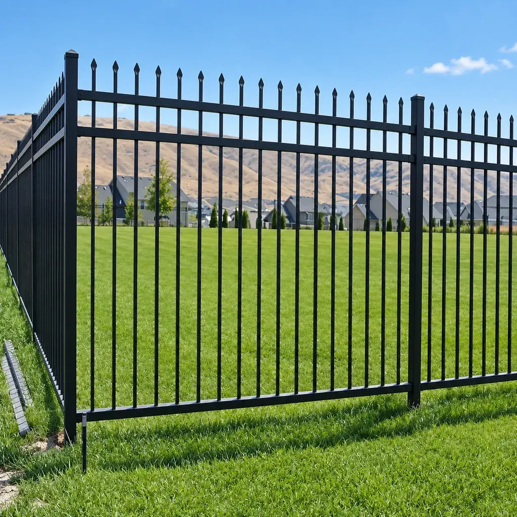 Black tubular steel fence with spear-top pickets