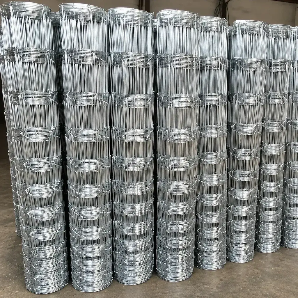 Galvanised hinge-joint field fence rolls in storage