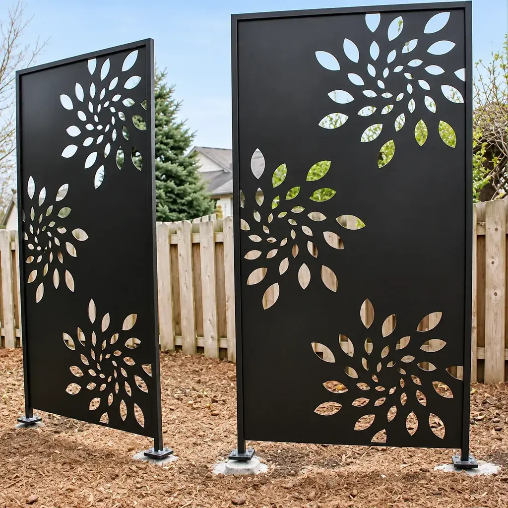 Black laser-cut screens with leaf-shaped openings
