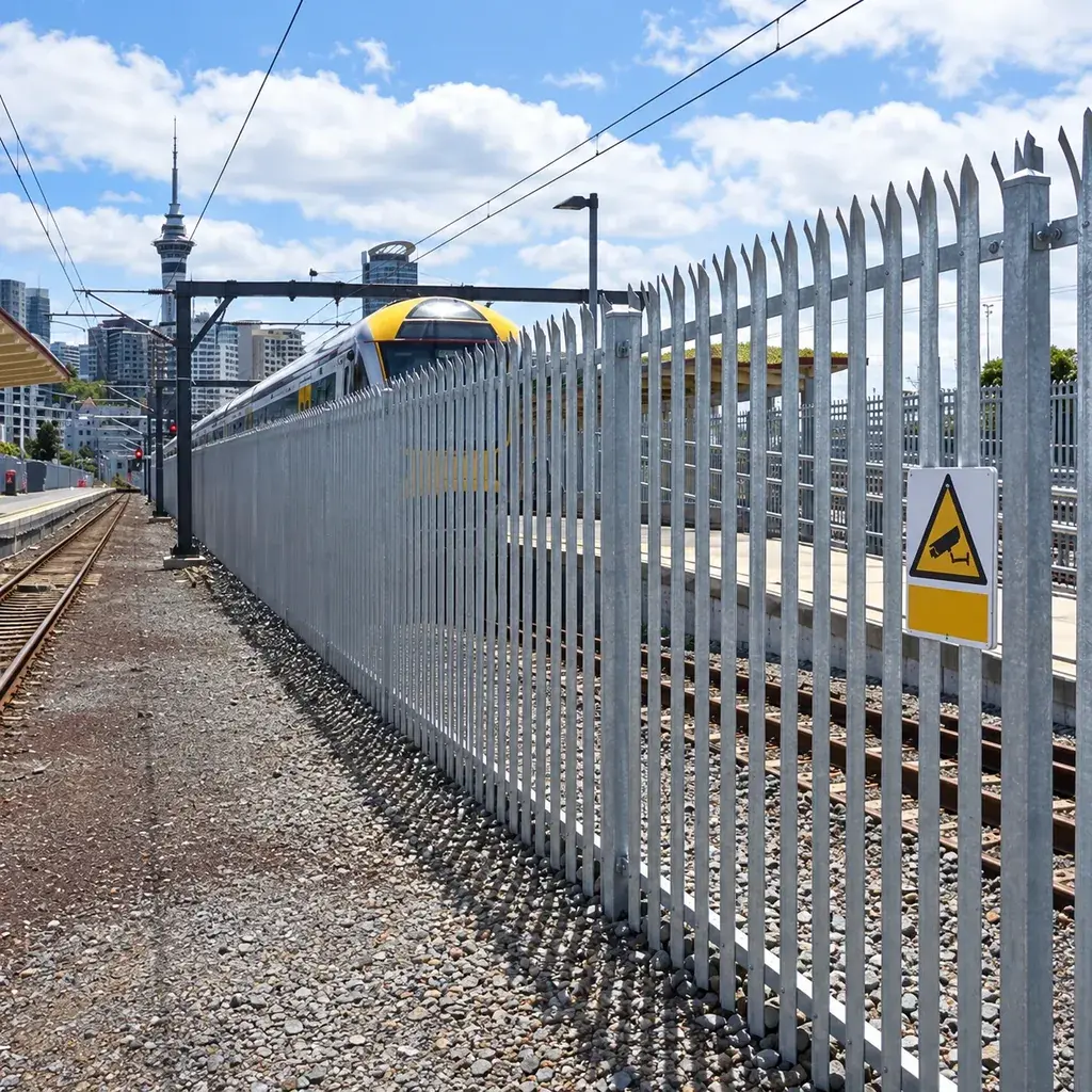 Galvanised steel palisade fence around a site perimeter