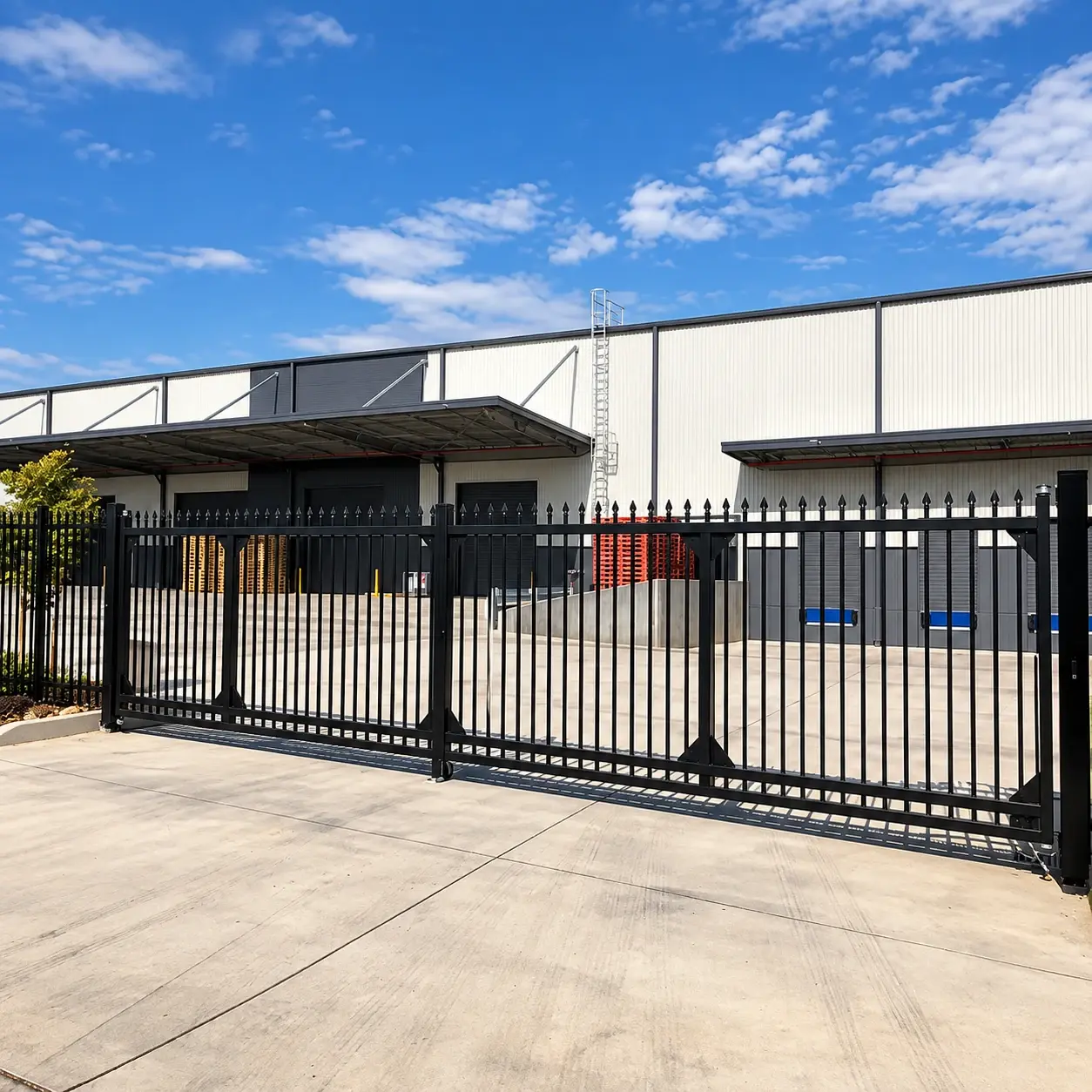 Black tracked sliding gate across an industrial entrance