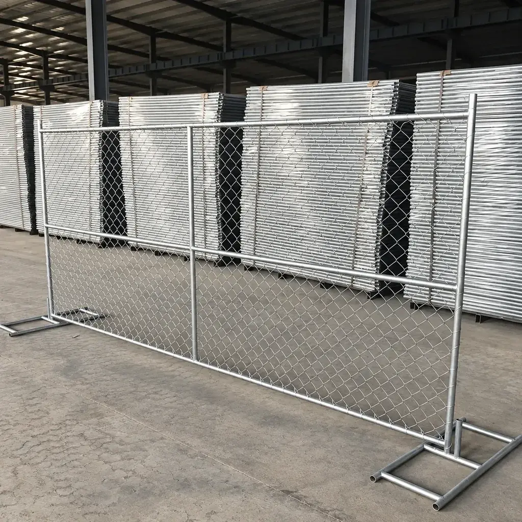 Temporary chain-link panels on freestanding metal feet