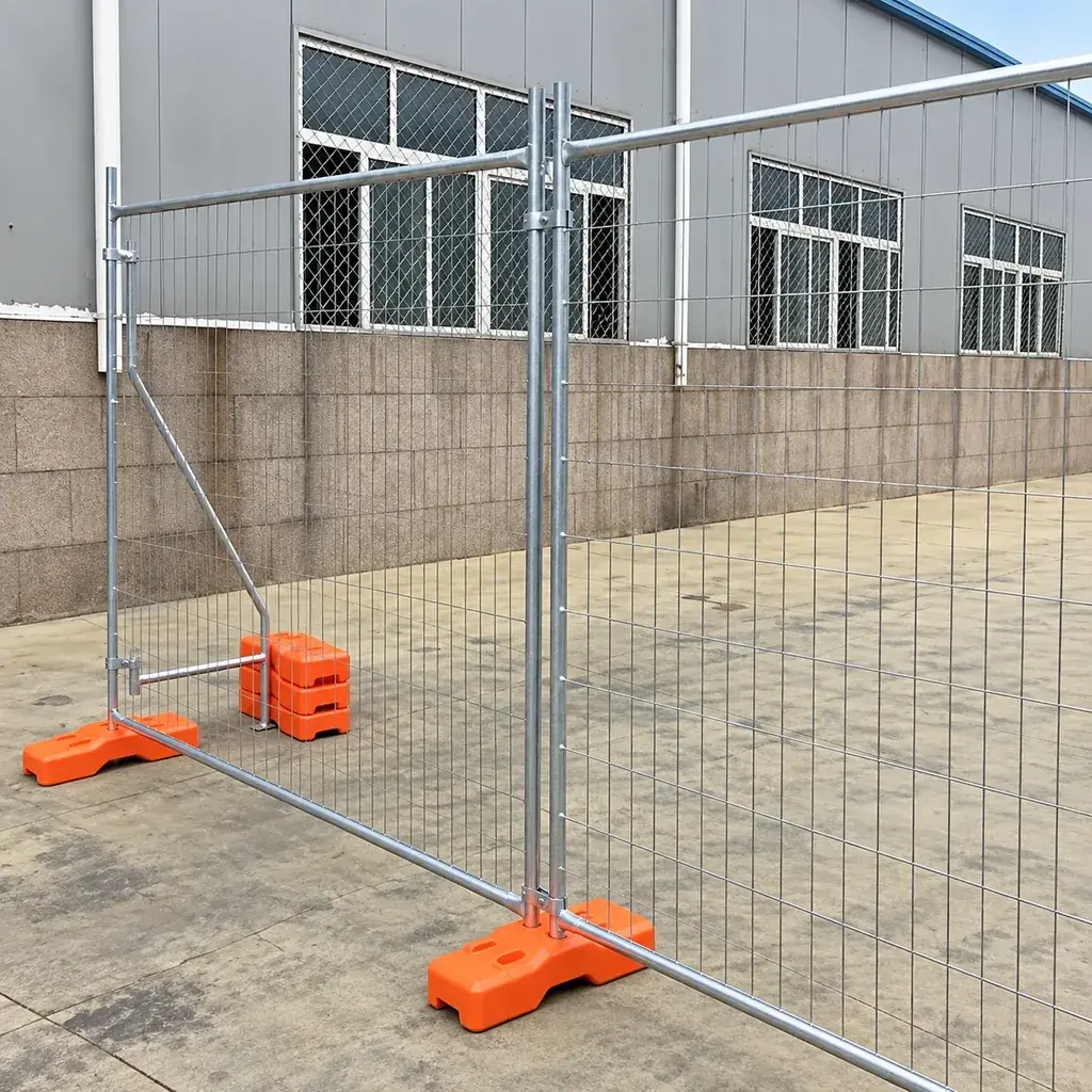 Welded mesh temporary fence panels on orange plastic feet