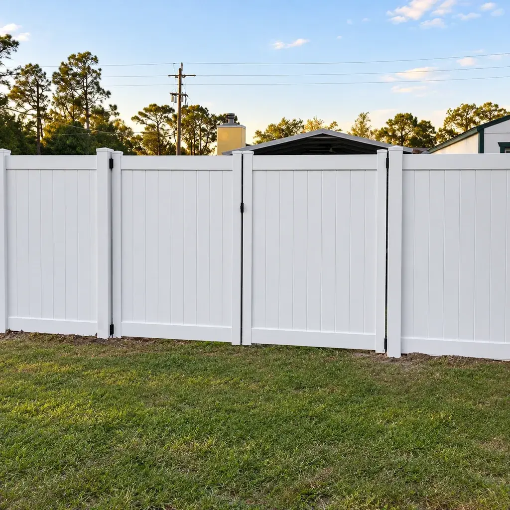 White vinyl privacy fence enclosing a residential garden
