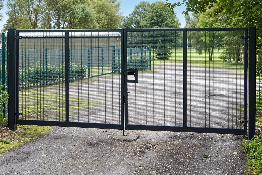 Black double-leaf mesh vehicle gate with steel posts and adjoining fencing