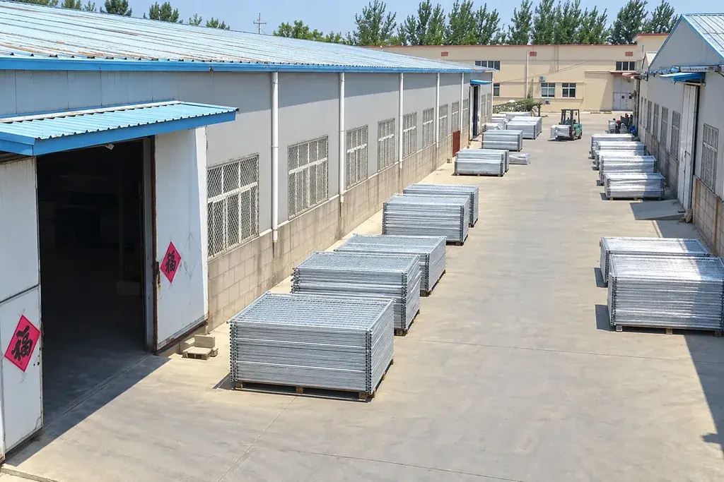 Wrapped fence material bundles arranged in a paved storage yard