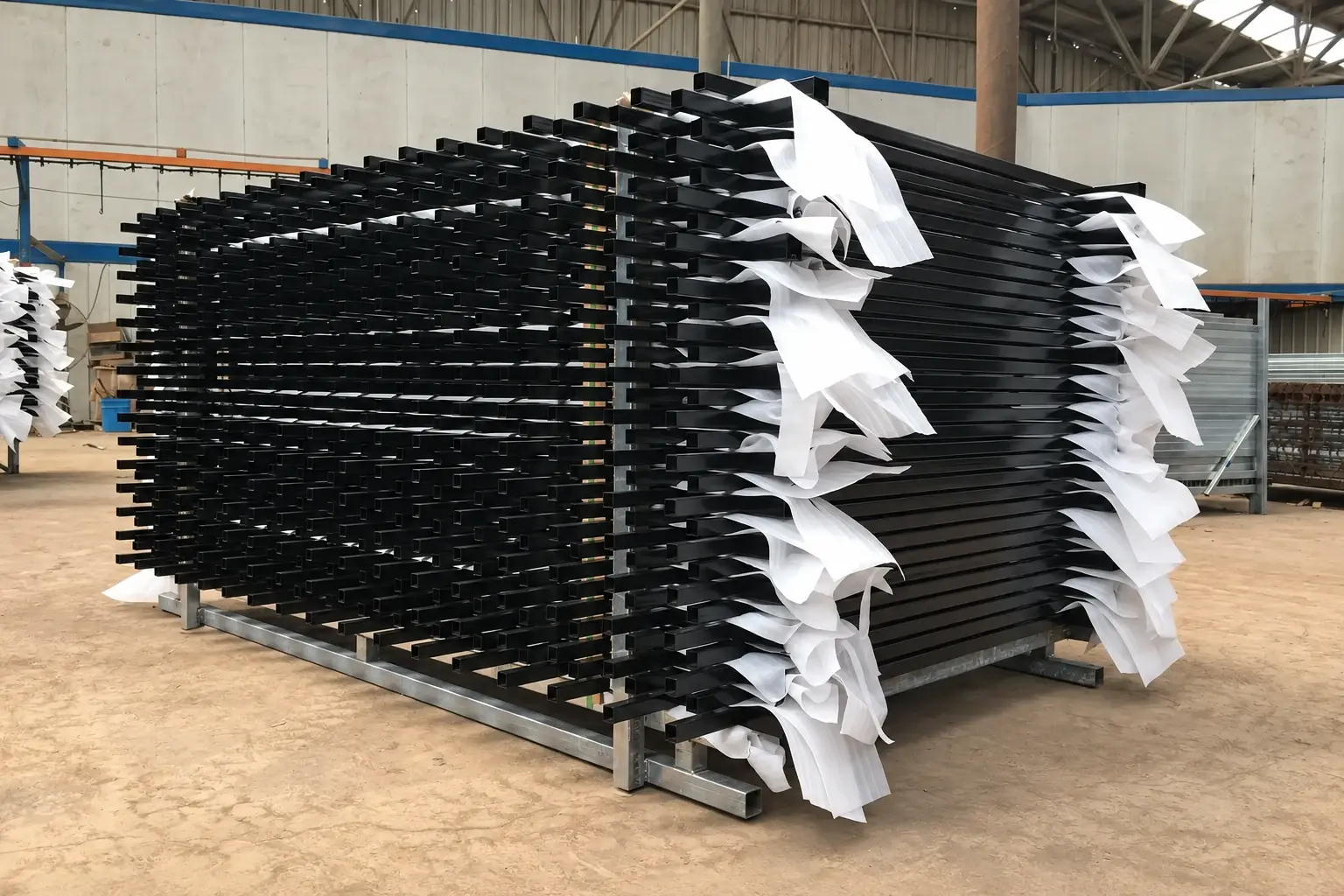 Stacks of black metal fence panels separated by protective sheets