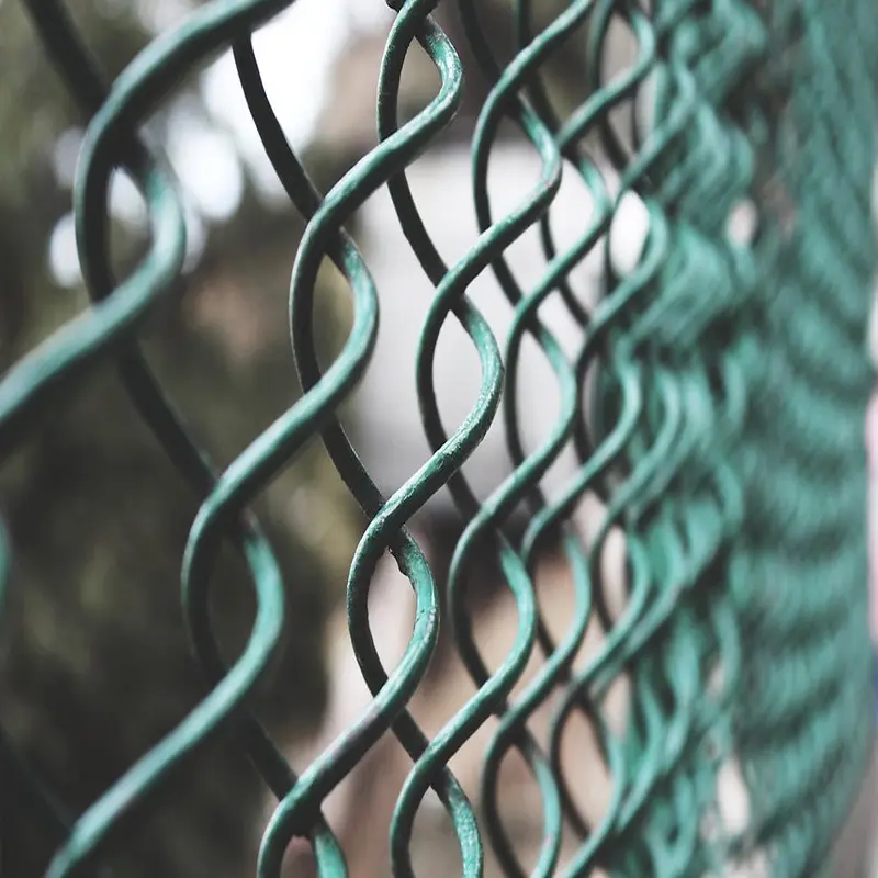 Close view of green coated chain link wire and diamond openings