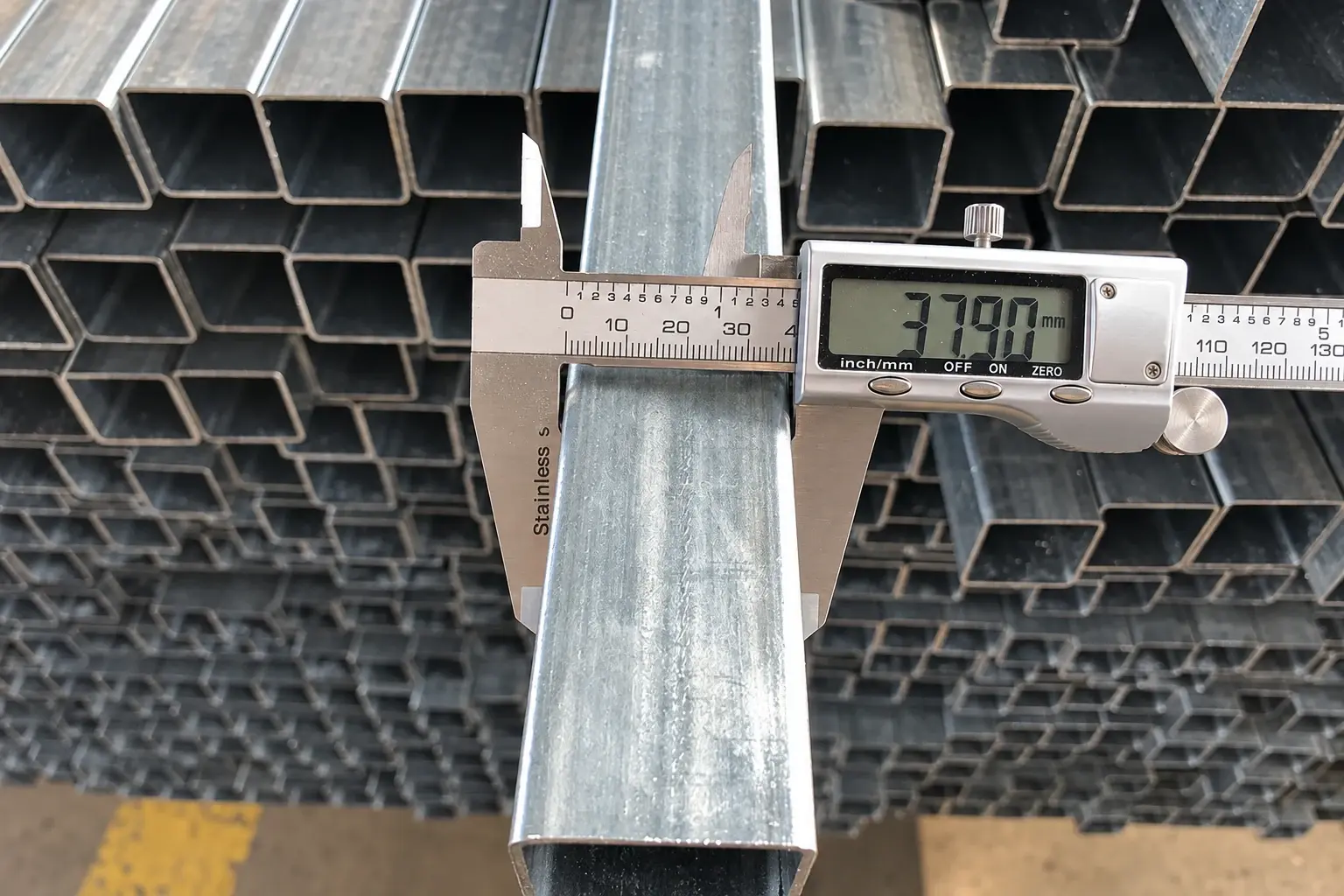 Digital caliper measuring the outside width of a square steel tube
