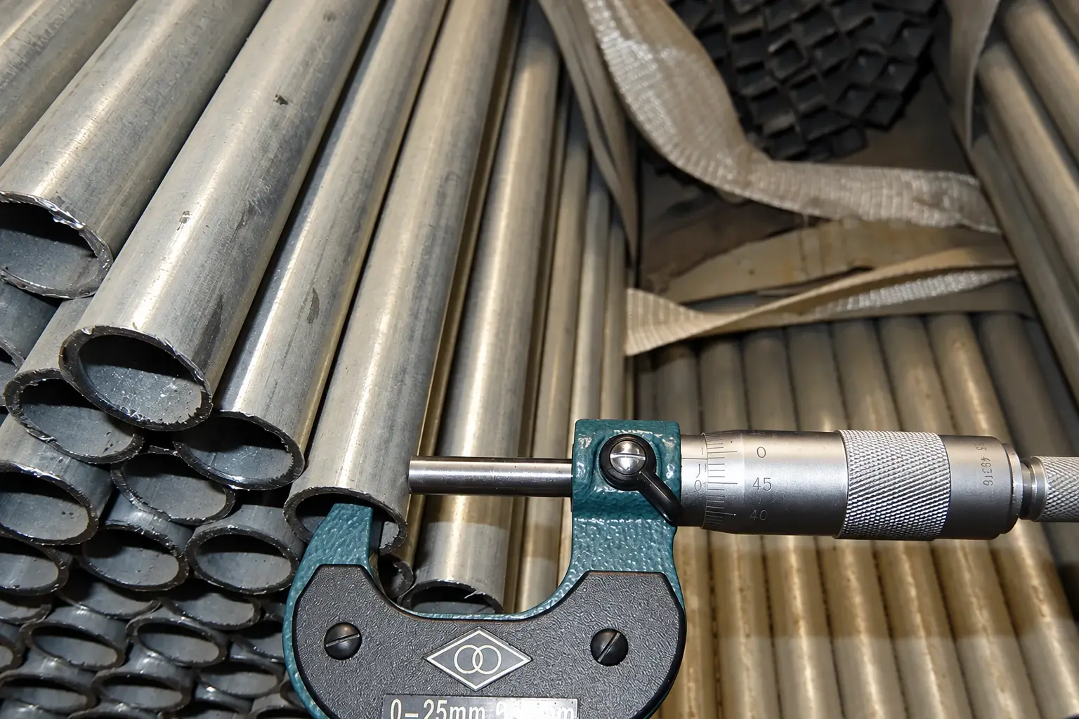 Outside micrometer positioned across the wall of a galvanised round tube