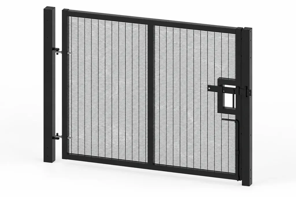 Black framed mesh gate with hinges and latch hardware