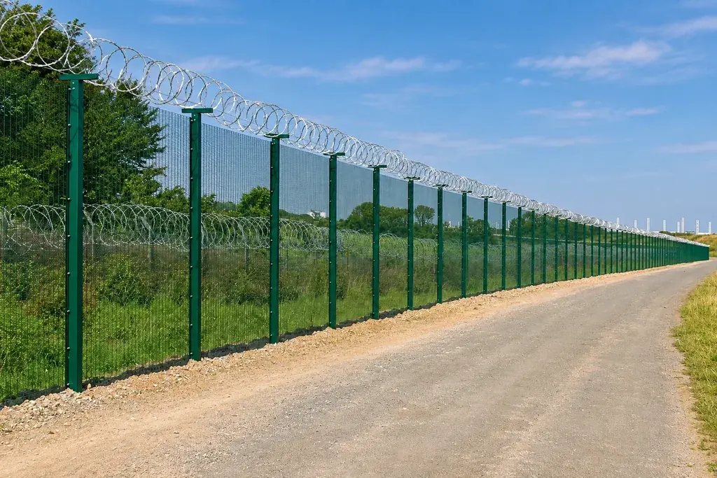 Green mesh perimeter fence beside a straight gravel service road