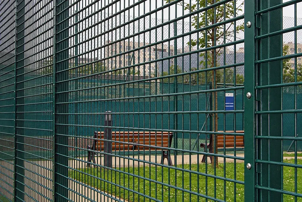 Court-side rebound fence panels showing mesh and post interfaces