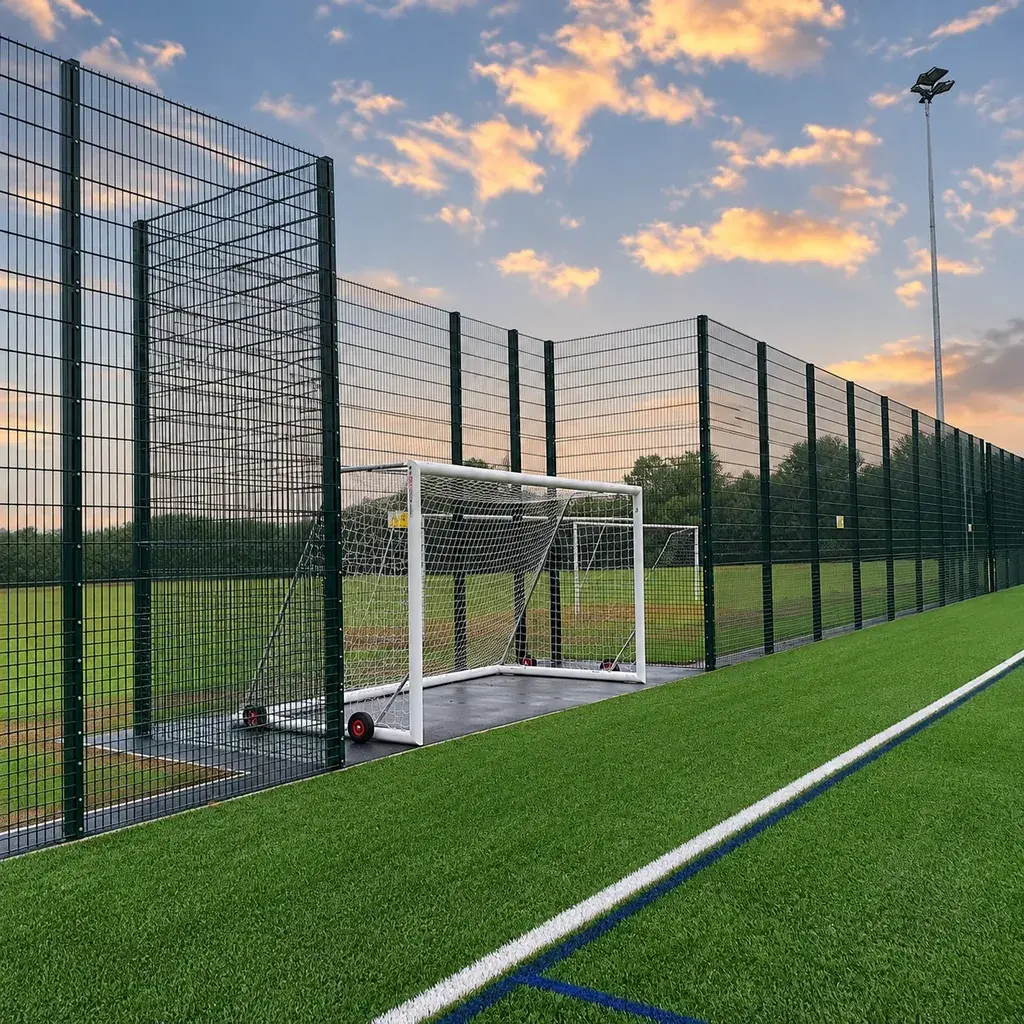 Rebound sports fence and recessed football goal beside the pitch