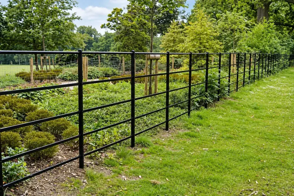 Black steel railings along the edge of a landscaped green space