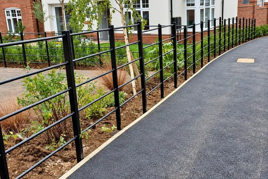 Black steel estate railings beside a paved residential footpath