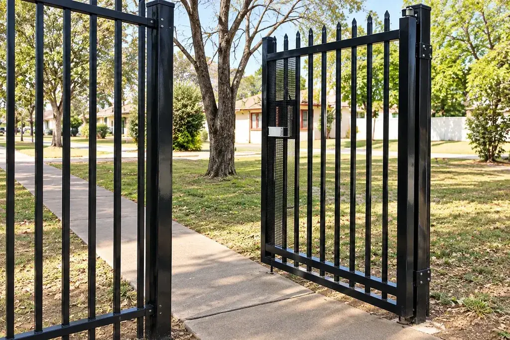 Black steel pedestrian gate beside a residential path