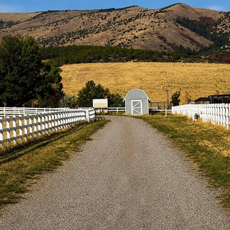 Visible rail fence leading toward a horse paddock gate