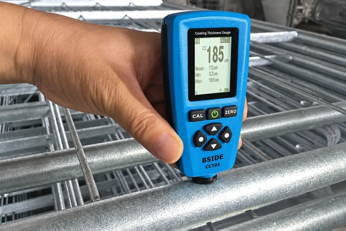 Handheld coating gauge checking a galvanised metal fence panel