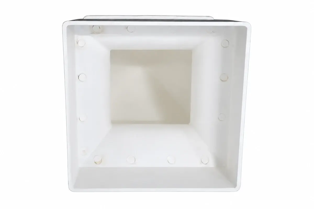 Underside of a white vinyl post cap showing its square insert opening