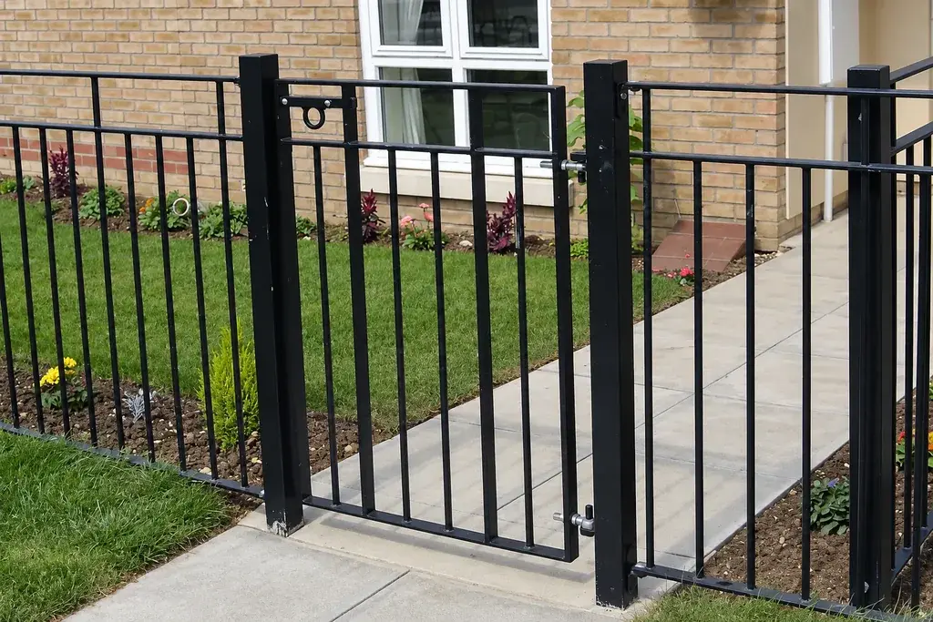 Black flat top pedestrian gate across a paved footpath